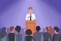 Problem of speakers fear and anxiety of public speech, shy man standing behind podium