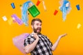 Problem of trash, plastic recycling, pollution and environmental concept - funny man holding garbage for recycling on Royalty Free Stock Photo