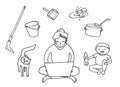 Problem of work from home concept. Woman with laptop, crying child, cat, household duties. Hand drawn doodle vector contour