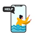 Problematic internet use. Teen girl drowning inside of smartphone, isolated vector illustration in flat style