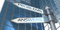 Problems and answers road sign with building facade Royalty Free Stock Photo