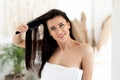 Problems, dry and brittle hair, home care. Shampoo and conditioner review from blogger Royalty Free Stock Photo