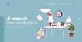 Problems with Organization Work Process Landing Page Template. Tiny Businesswoman Character on Messy Workplace