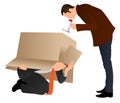 Problems at work. Businessman hiding under cardboard box. Boss screaming with a megaphone. Business concept. Angry boss yelling at