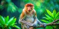 A proboscis monkey perched on a branch in lush foliage, gazing directly at the camera with a curious expression. Generative AI Royalty Free Stock Photo