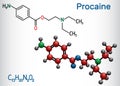 Procaine molecule. Is a local anesthetic drug. Structural chemical formula and molecule model