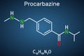 Procarbazine chemotherapy medication molecule. Structural chemical formula on the dark blue background.