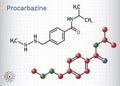 Procarbazine chemotherapy medication molecule. Structural chemical formula, molecule model. Sheet of paper in a cage