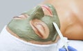 The procedure for applying a mask from clay to the face of a beautiful woman.