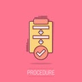 Procedure list icon in comic style. Document project cartoon vector illustration on isolated background. Checklist splash effect Royalty Free Stock Photo