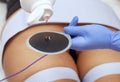 The procedure of myostimulation on the legs and buttocks of a woman in a beauty salon. Royalty Free Stock Photo