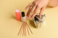 The procedure for removing varnish from nails hybrid nails in progress. Gel nail polish remover foils on woman& x27;s hands Royalty Free Stock Photo