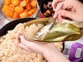 Procedure step of making zongzi or rice dumpling recipe on Dragon Boat Festival Royalty Free Stock Photo