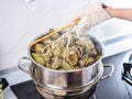 Procedure step of making zongzi or rice dumpling recipe, steam and boil on Dragon Boat Festival Royalty Free Stock Photo