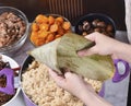 Procedure step of making zongzi or rice dumpling recipe on Dragon Boat Festival Royalty Free Stock Photo