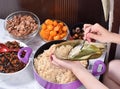 Procedure step of making zongzi or rice dumpling recipe on Dragon Boat Festival Royalty Free Stock Photo