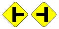 Proceed straight. Turn right and left. Road traffic signs. Yellow rhombus shape. Vector illustration. Stock image. Royalty Free Stock Photo