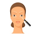 Process of applying concealer to face. Illustration of beautiful woman with make up.
