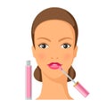 Process of applying lip gloss to face. Illustration of beautiful woman with make up.