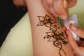 The process of applying to the skin ornament painted with henna. Royalty Free Stock Photo