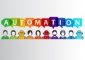 Process automation concept as background. Vector illustration of mixed group of people and machines and robots
