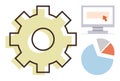Gear, Computer Screen, and Pie Chart Data Analysis, Process Optimization, and Technology Concept Royalty Free Stock Photo