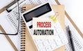 PROCESS AUTOMATION word on sticky with clipboard and notebook, business concept