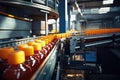 Process of beverage manufacturing on a conveyor belt at a factory