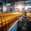 Process of beverage manufacturing on a conveyor belt at a factory