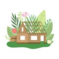 Process of Building Country House, Small Cottage in Spring or Summer Season with Blooming Flowers and Leaves Vector