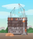 Process of building multistory building. Vector flat illustration