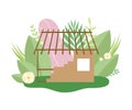 Process of Building Wooden Country House, Small Cottage under Construction in Spring or Summer Season with Blooming