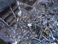 A process of buliding demolition, demolished house, shot from air with drone