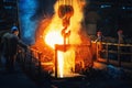 Process of casting in foundry, liquid molten metal pouring in ladle. Heavy metallurgy industry Royalty Free Stock Photo