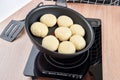 The process of chef cooking pan-fried bun Royalty Free Stock Photo