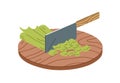 Process of chopping fresh raw celery with metal sharp chopper knife. Cutting vegetable ingredient for cooking on wooden