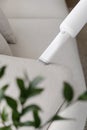 Process of cleaning sofa with modern vacuum