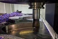 A process of cnc milling of lagre thick steel palte by curved trajectory, Selective focus with blur technique Royalty Free Stock Photo