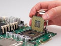 The process of connecting the CPU to the processor socket on a modern computer motherboard, replacing the silicon data processing Royalty Free Stock Photo