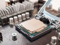 The process of connecting the CPU to the processor socket on a modern computer motherboard, replacing the silicon data processing Royalty Free Stock Photo