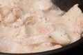 The process of cooking chicken breast diet for an athlete in a frying pan in sunflower oil. Meat for muscle recovery after Royalty Free Stock Photo