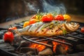 Process of cooking fish Dorado on grill with vegetables, grilled fish BBQ. Good food. Healthy food Royalty Free Stock Photo