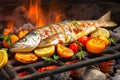 Process of cooking fish sea bass on hot grill with vegetables, grilled fish BBQ. Good food. Royalty Free Stock Photo