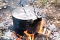 The process of cooking fish soup in the campaign Royalty Free Stock Photo