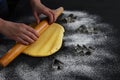 The process of cooking homemade Christmas cookies. hands rolling dough. Royalty Free Stock Photo