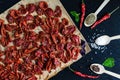 Process of cooking homemade sun-dried red tomato slices with basil and oregano spices. Royalty Free Stock Photo