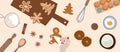 Process of cooking and icing gingerbread vector flat illustration.