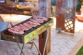 Summer Weekend BBQ Scene On The Patio Backyard,Grill And Table On Porch Deck. Royalty Free Stock Photo