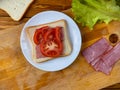 Process of cooking sandwich on the kitchen with salad, bacon and tomato Royalty Free Stock Photo