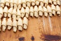 Process of cooking small croissants with cerry for breakfast. Preparation of baking on a rustic wooden background